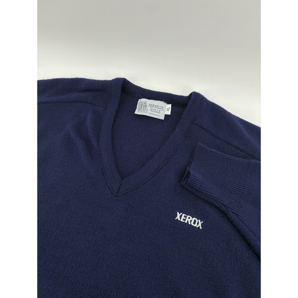 VNTG 80s Franklin Mills Xerox Navy Blue V-Neck Sweater Mens XL Made‎ in USA